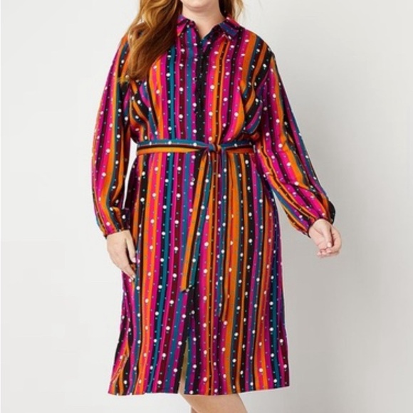 Abbot Elementary Long Sleeve Belted Pink Striped Dotted Midi Shirt Dress - Picture 1 of 2